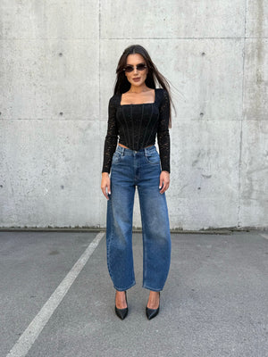 BALLOON DENIM – Blugi cu pietre și talie înaltă