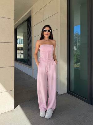 SET CU DUNGI SUBȚIRI, BLEUMARIN – bustieră și pantaloni