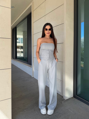 SET CU DUNGI SUBȚIRI, BLEUMARIN – bustieră și pantaloni
