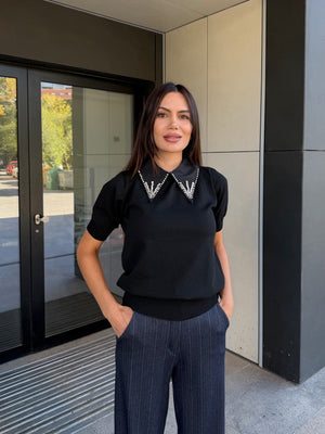 CRYSTAL COLLAR KNIT TOP – bluză tricotată cu cristale