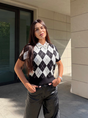 CRYSTAL ARGYLE TOP – bluză tricotată cu guler cu cristale
