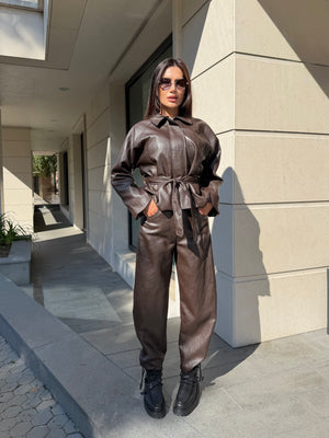 CHOCOLATE LEATHER JACKET – Faux Leather Belted Jacket