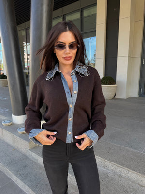 DENIM COLLAR CARDIGAN – cardigan cu detalii din denim