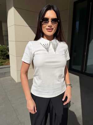CRYSTAL COLLAR TEE 2 - Tricou cu guler de cristal