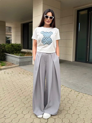BEIGE WIDE PINSTRIPE PANTS